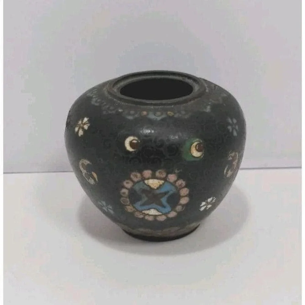 Vintage Cloisonne Mini Vase Black Floral Enamel 2.5